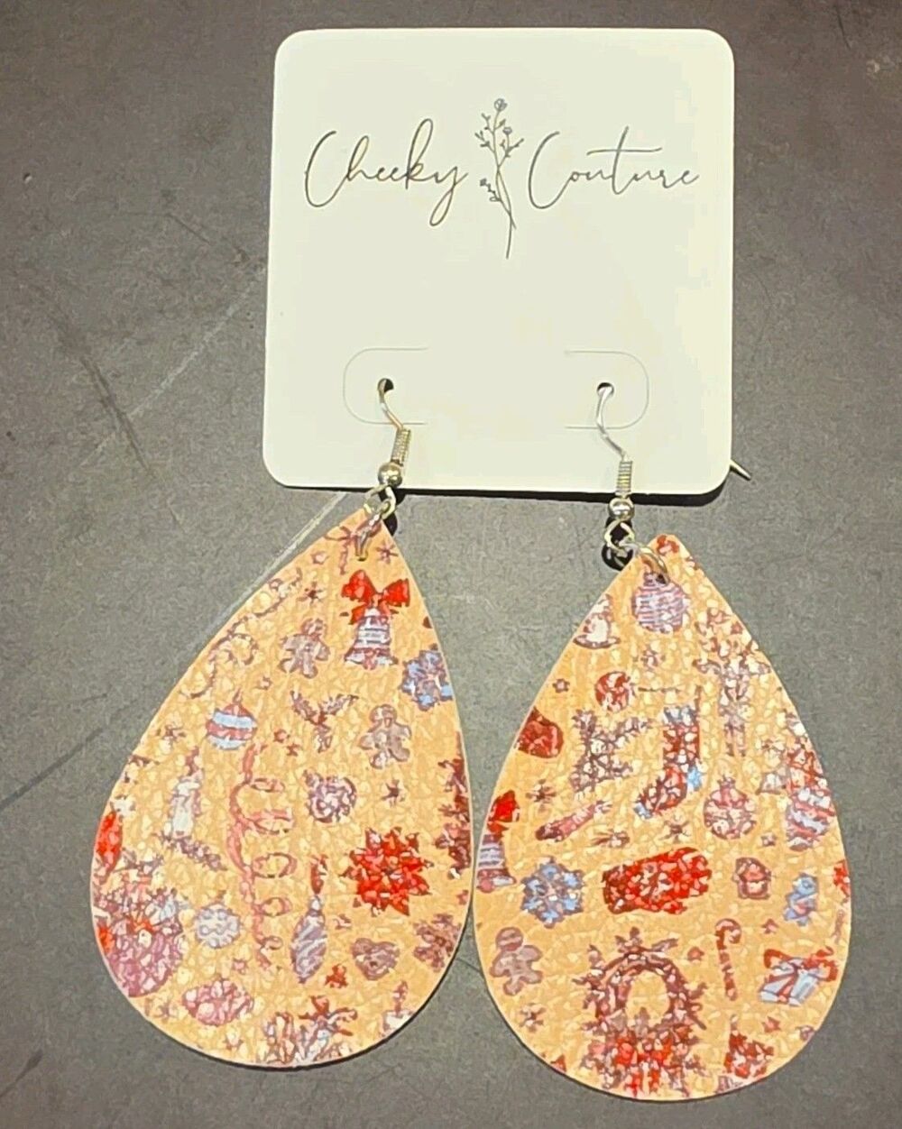 Cheeky Couture Christmas Santa Teardrop Faux Leather Dangle Hook Earrings